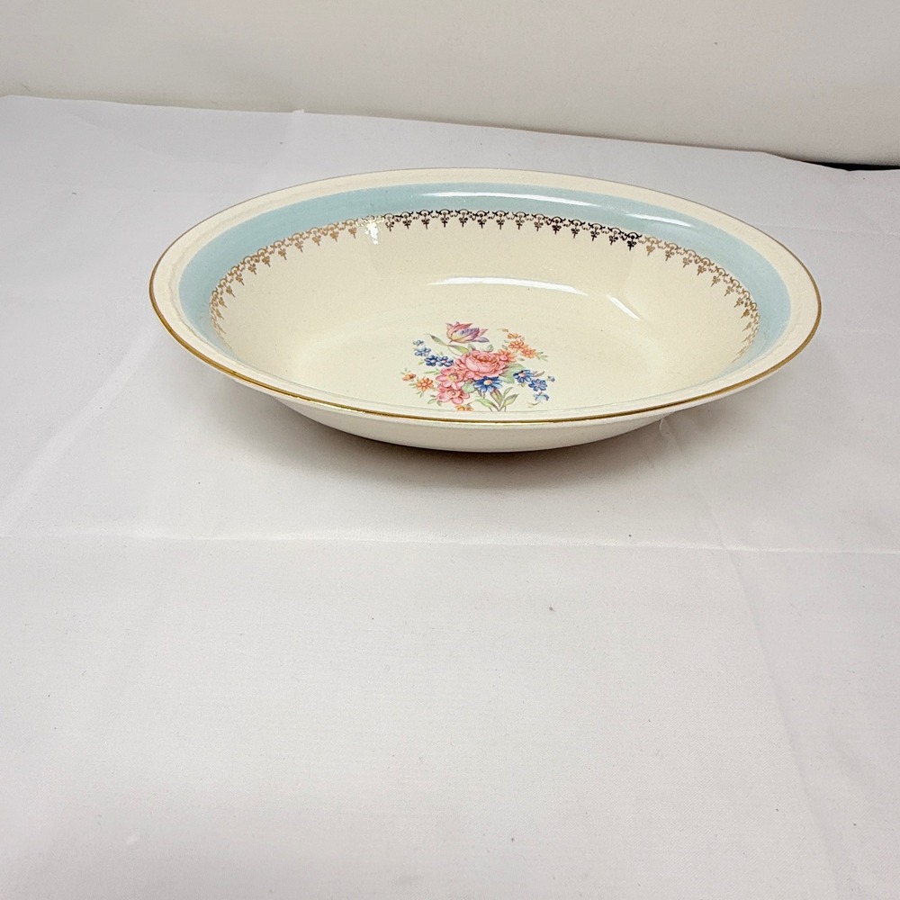 Homer Laughlin Eggshell Georgian Oval Vegetable Bowl Blue Gold Floral 9 1/4"
